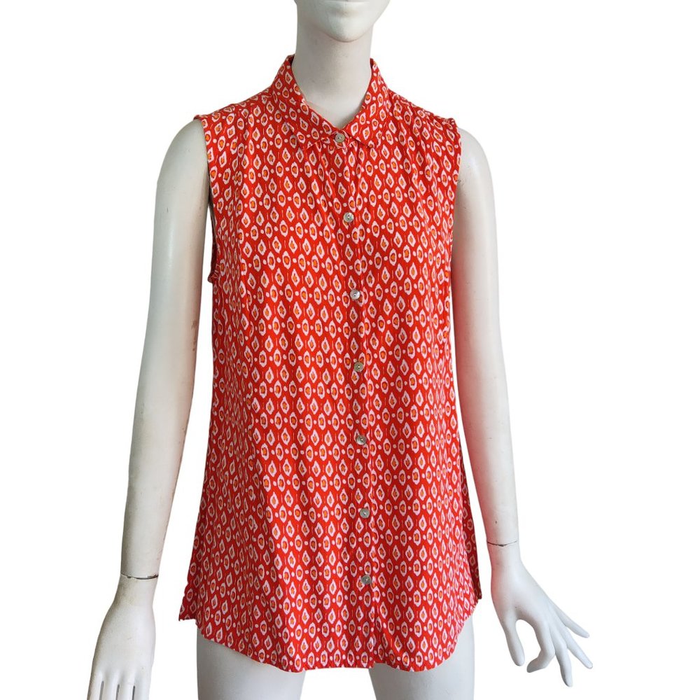 J JILL Casual Resort Ikat Print Tangerine Rayon Tunic Button Down Front Top Sz S